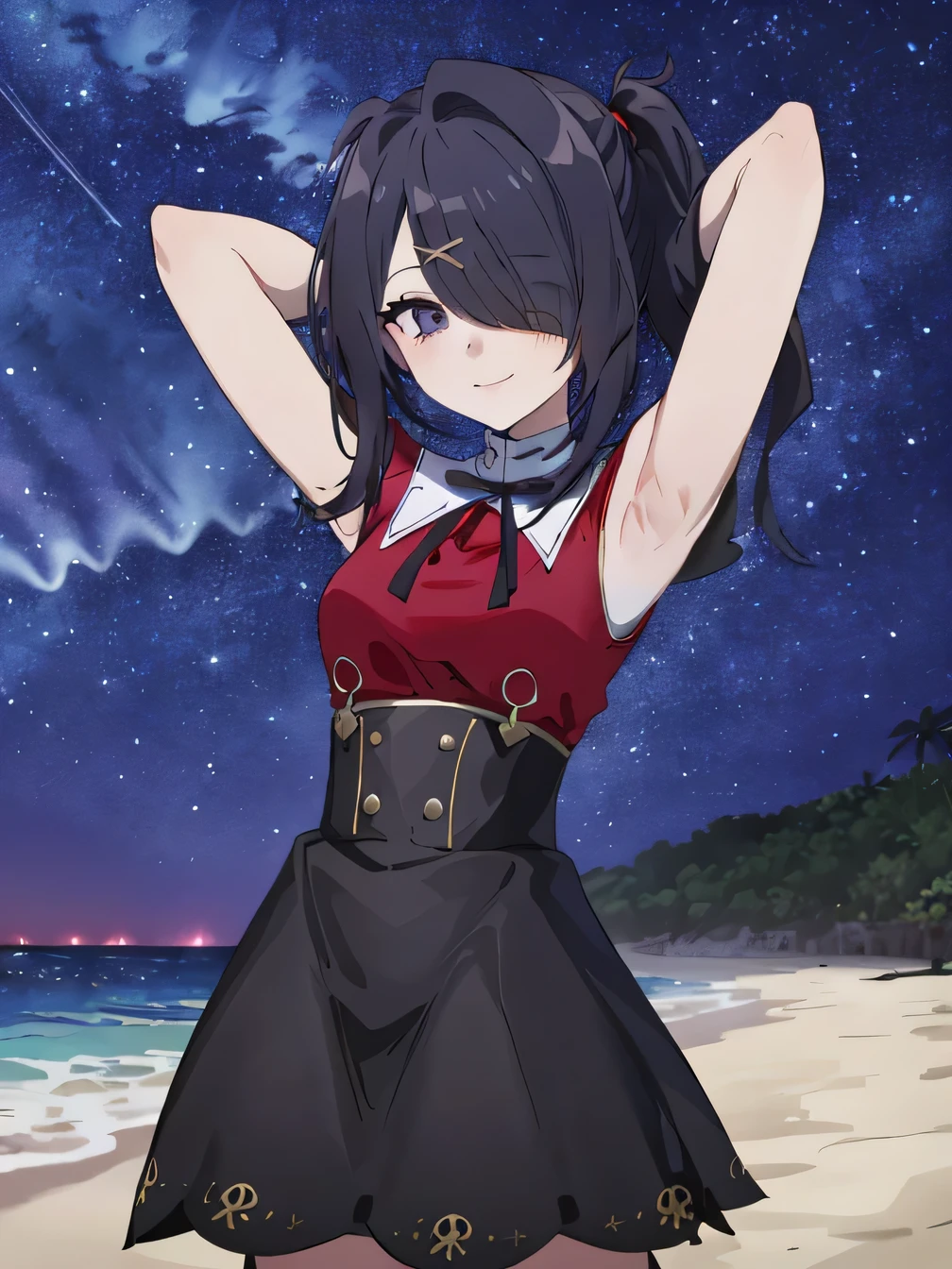 ame-chan, masterpiece, best quality, absurdres, 1girl, red shirt, black skirt, high quality, solo, night sky, beach, arm behind head, hand on hip, contrapposto, closed mouth, spread armpits, (cowboy shot:1.5), looking at viewer, smile, best quality, depressed, bags under eyes, 