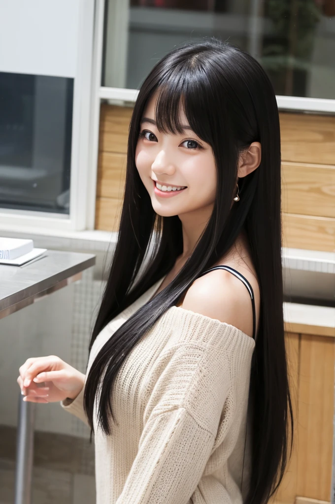 A Japanese girl in her 20s with long black hair、OL、Inside the company、Looking at me and smiling、