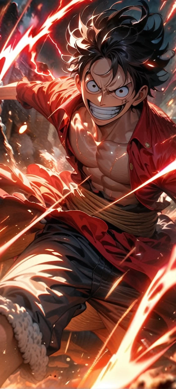  High quality, ,absurdres, highres, ultra detailed, HDR, masterpiece, extremely detailed face and eyes,  Luffy , One Piece,, Black hair ,, solo, ,man, handsome, ,, Epic fight scene, red splashing effect,red lightning  effect,glowing glitters , 