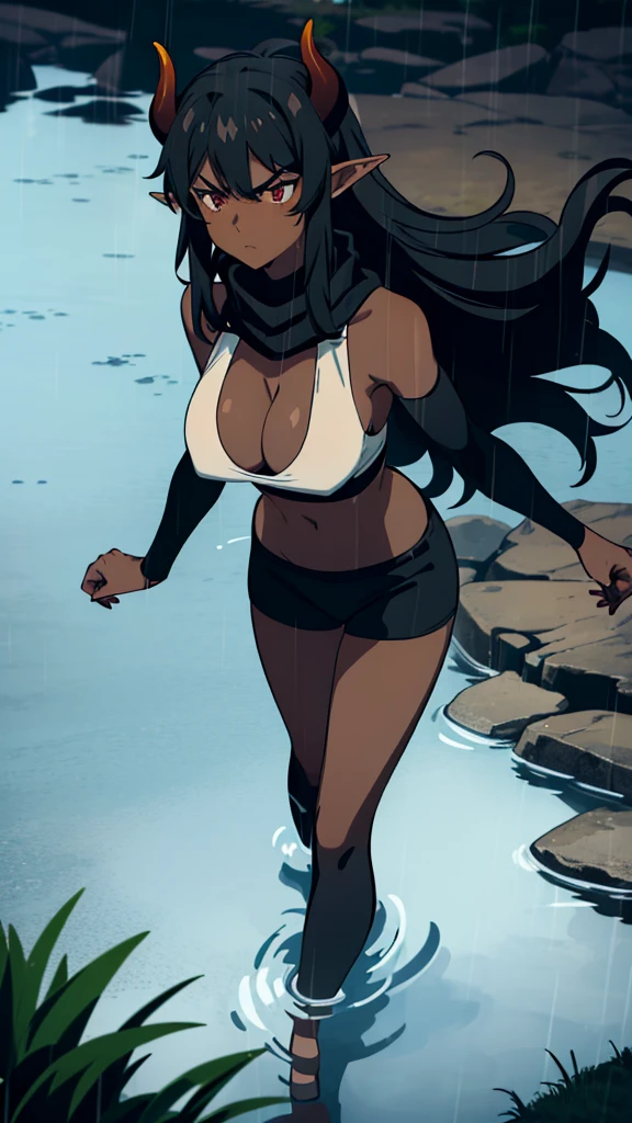 ((1girl,solo,mature female,tall)),big breasts,long hair, black hair,angry expression,horns,elf ears,black scarf,cleavage,(((dark skin))),((black sports bra, midriff)),(((black pantyhoses))),(walking,night),from above,water,grass,rain,lake,reflection