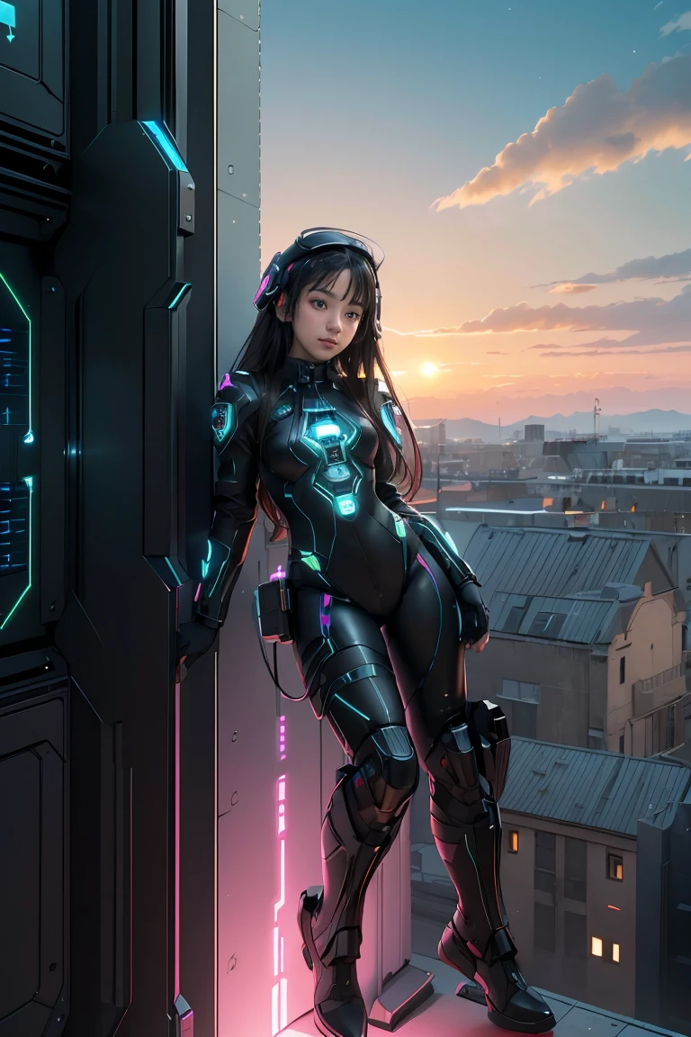 ((masterpiece, best quality, extremely detailed), volumetric lighting, ambient occlusion, colorful, glowing), 
1girl, solo, young girl, (dark hair), long hair, halo, aura, sacred, godness, cyber suit, (black outfit:1.3), android, bot, cybernetic wings,
outdoors, sunset, sky, clouds, space, (cyberpunk theme:1.2),