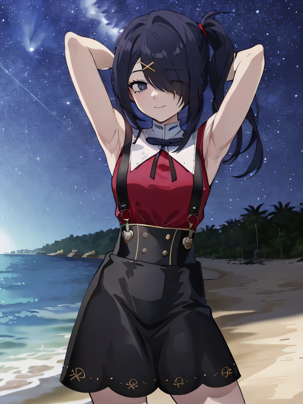 ame-chan, masterpiece, best quality, absurdres, 1girl, red shirt, black skirt, high quality, solo, night sky, beach, arm behind head, hand on hip, contrapposto, closed mouth, spread armpits, (cowboy shot:1.5), looking at viewer, smile, best quality, depressed, bags under eyes, 