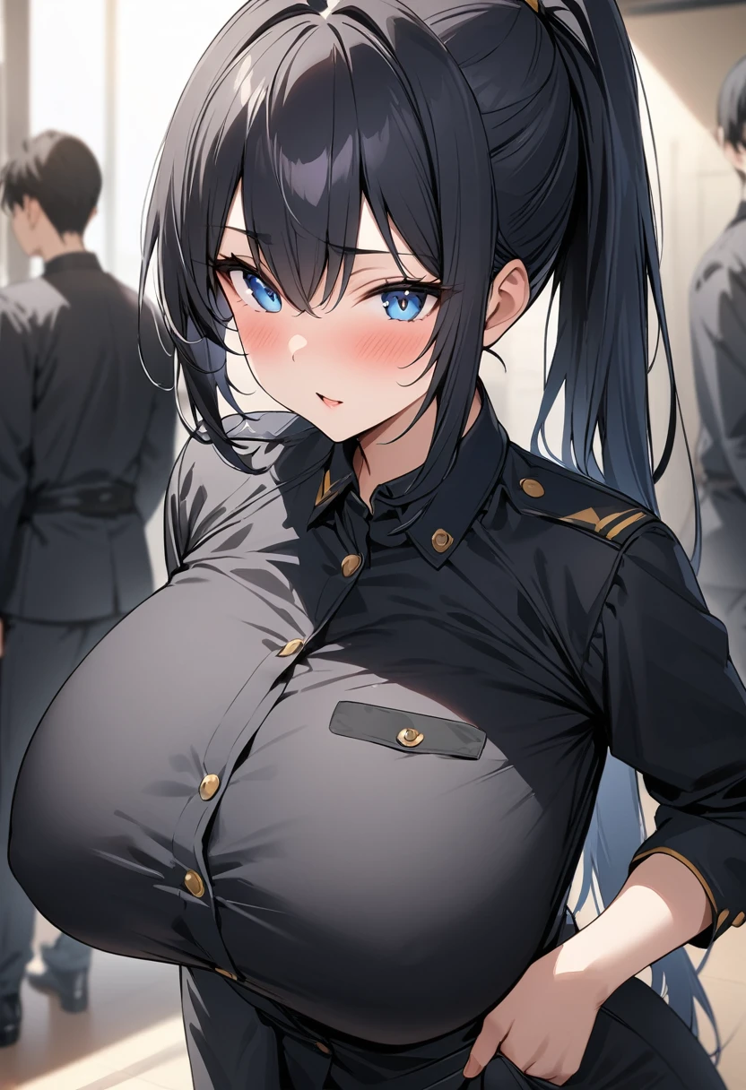 masterpiece、Highest quality、Best image quality、High resolution、Big Breasts、Black Hair、Blue Eyes、ponytail、Black Uniform、Unbranded uniform