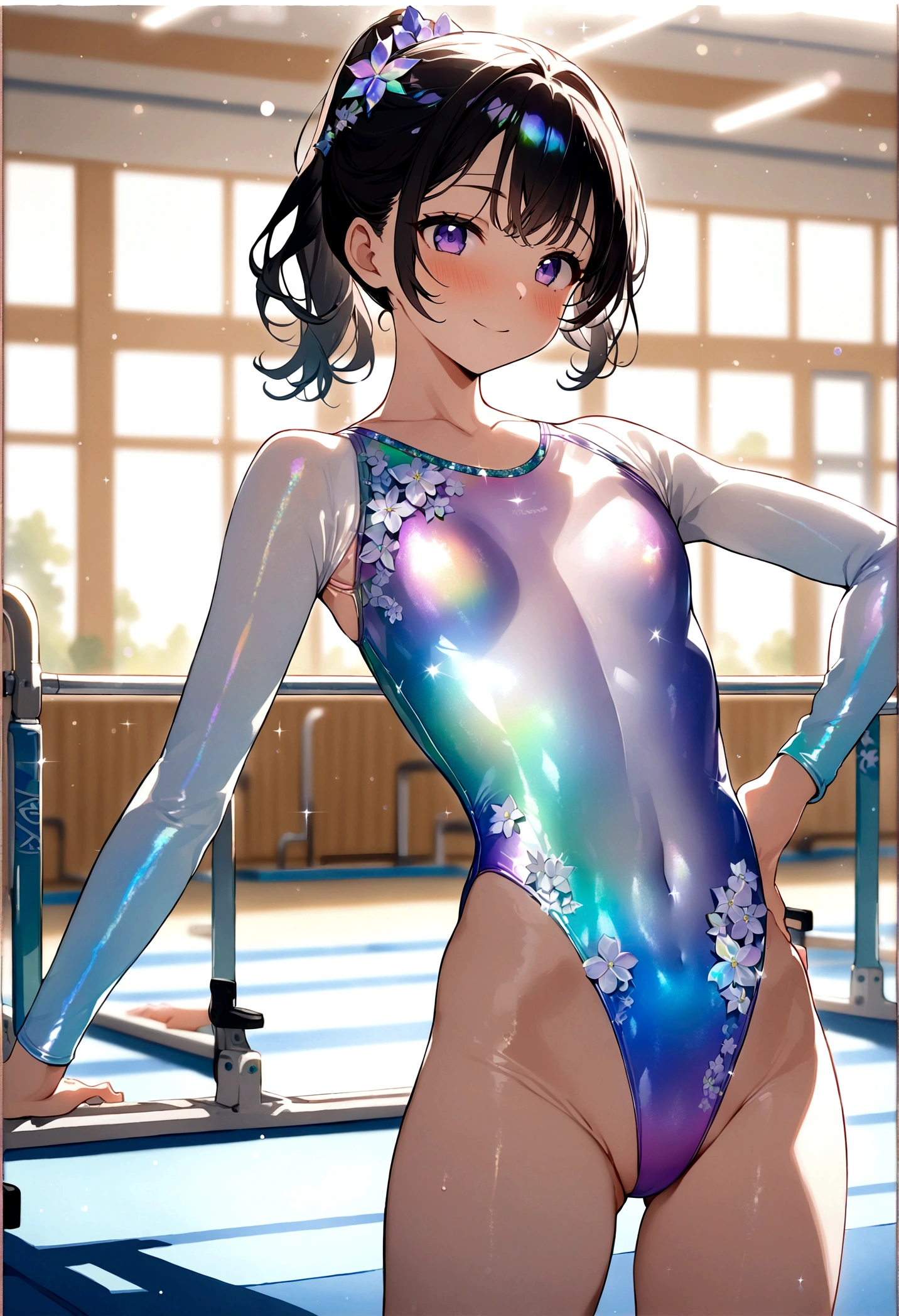 highquality illustration, masterpiece, very delicate and beautiful, attractive girl,(gymnastics leotard, Floral patterns leotard,long sleeve leotard with glittery decoration,high_leg leotard,athletic leotard,tight-fit leotard,iridescent gradient leotard),thin,slender body,slim,high school,gymnasium background,gymnastics club,gymnastics athlete,princess, beautiful eyes,light smile,(masterpiece, best quality:1.2), highres, extremely detailed CG unity 8k wallpaper, perfect lighting, Colourful, ultra-high res,4K,ultra-detailed, photography, 8K, HDR,  ages, 