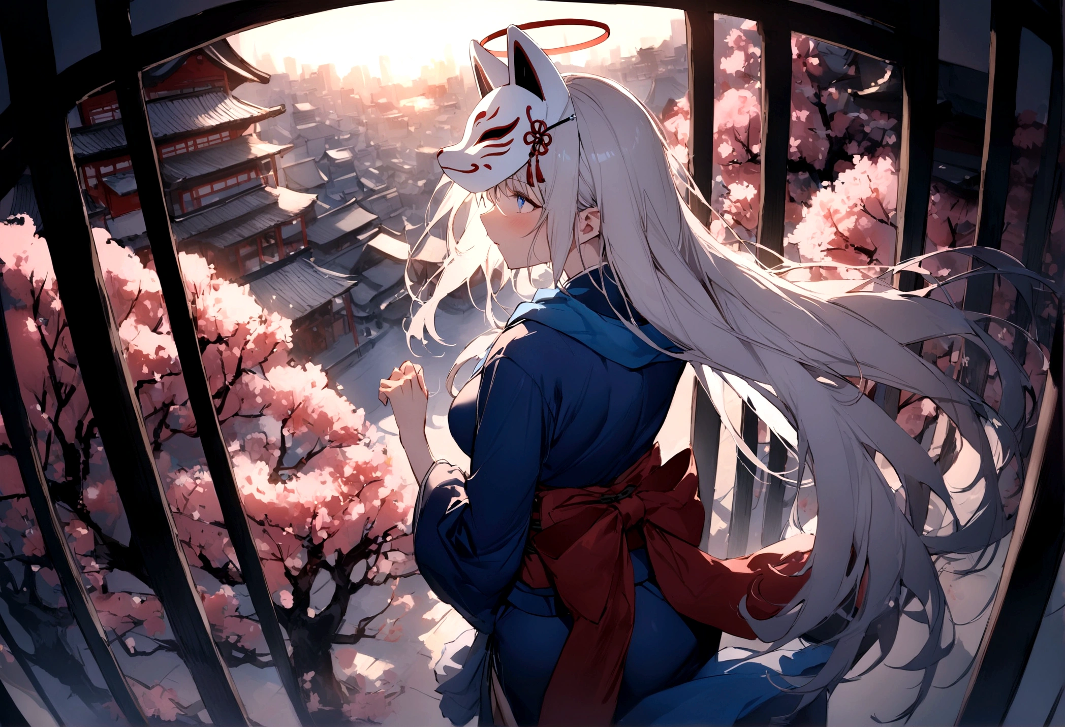 Back view、Halo、shrine、(masterpiece, best quality:1.2), 1girl, 独奏,Wolf girl, fox mask, ninja, girl, long white hair, odd eyes, blue kimono, ninja girl, red and blue scarf,Dancing Cherry Blossoms,Full moon backlighting, light coming in, fantastic atmosphere.night、Shadows of light and darkness、Eyes glowing in the dark、Black fox mask、Fisheye Lens、Expansive starry sky、long hair that spreads、Looking up from afar、Overlooking the city from atop a large cherry tree、