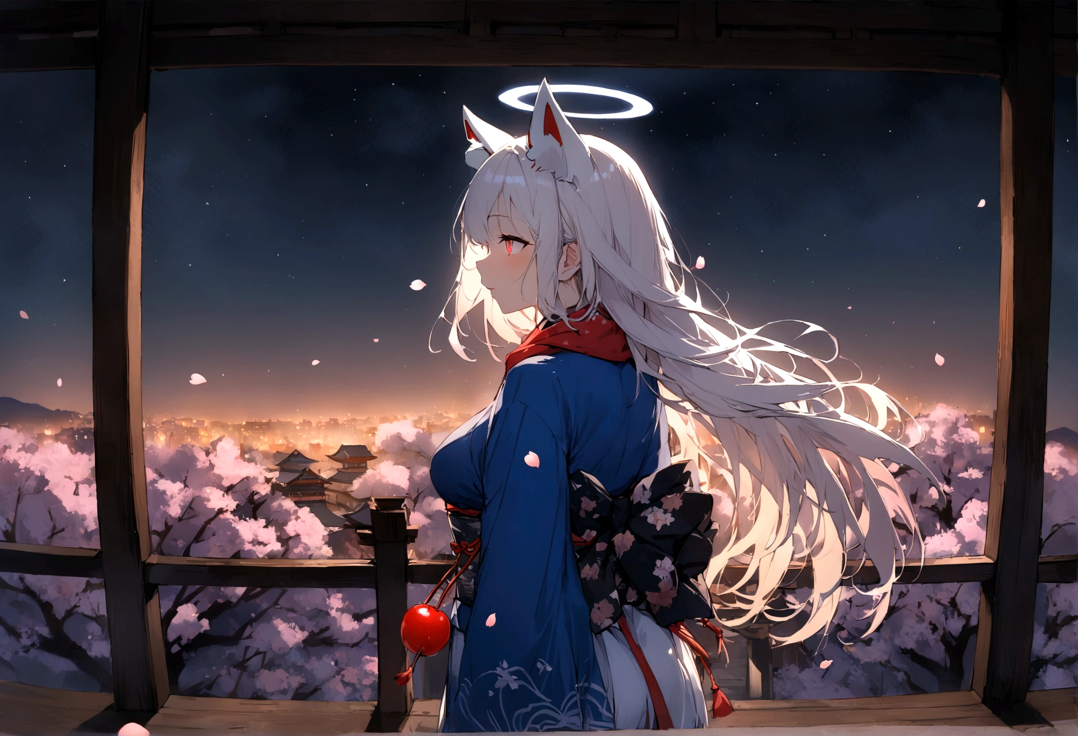 Back view、Halo、shrine、(masterpiece, best quality:1.2), 1girl, 独奏,Wolf girl, fox mask, ninja, girl, long white hair, odd eyes, blue kimono, ninja girl, red and blue scarf,Dancing Cherry Blossoms,Full moon backlighting, light coming in, fantastic atmosphere.night、Shadows of light and darkness、Eyes glowing in the dark、Black fox mask、Fisheye Lens、Expansive starry sky、long hair that spreads、Looking up from afar、Overlooking the city from atop a large cherry tree、