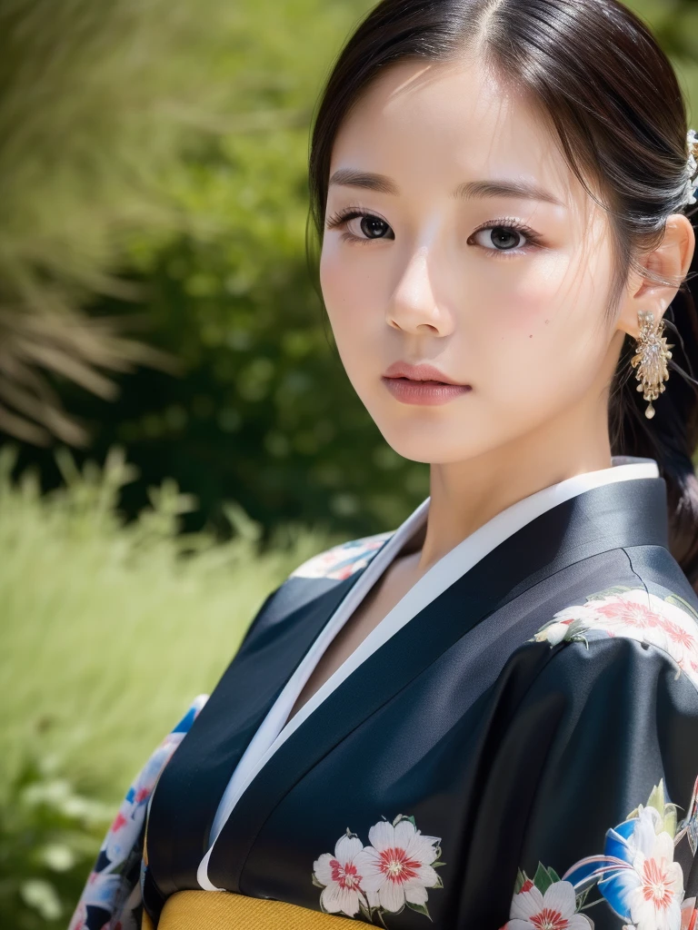 ((Top Quality, 8K, Masterpiece: 1.3)), Sharp Focus: 1.2, (Super Beautiful Face: 1.0), Realistic Photo, (Shiny Skin: 1.2), Realistic Photo, Black Hair, Realistic Pupil, Movie Lighting, Highly Detailed Eyes and Face, medium breasts, in nature, traditional kimono, cowboy shot