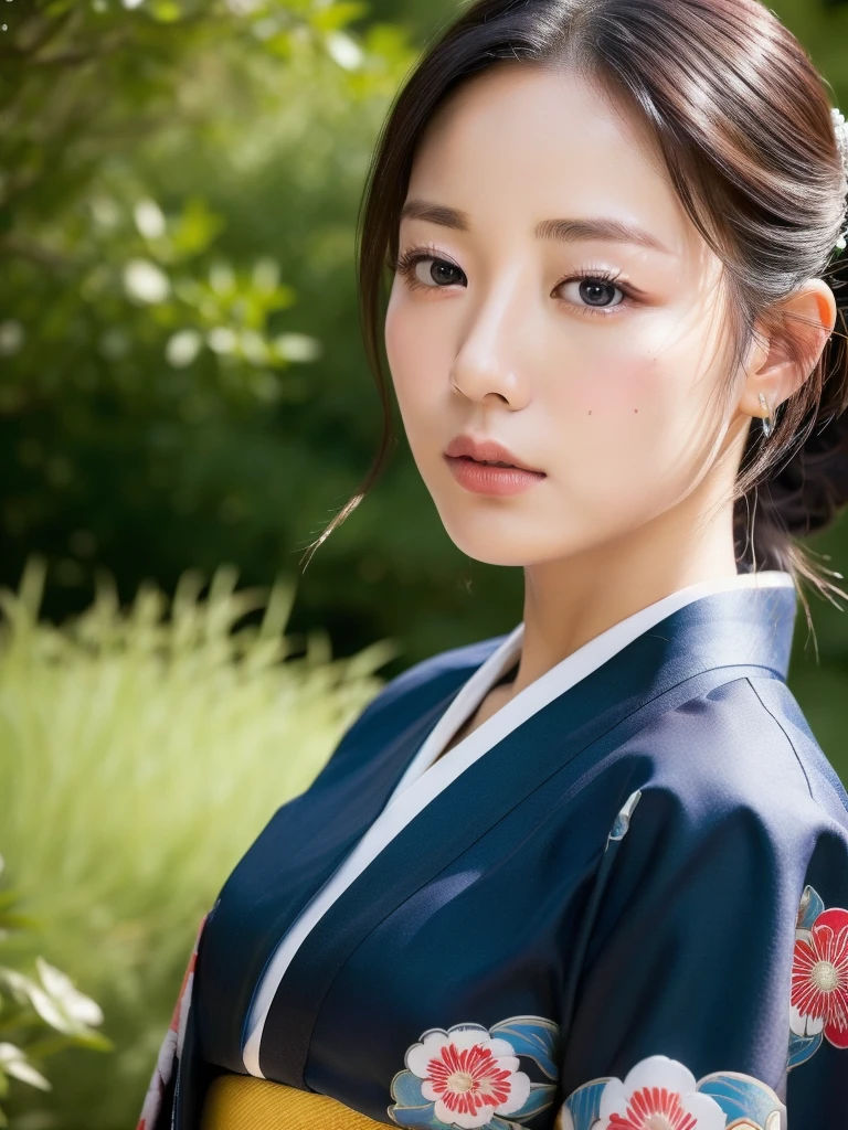 ((Top Quality, 8K, Masterpiece: 1.3)), Sharp Focus: 1.2, (Super Beautiful Face: 1.0), Realistic Photo, (Shiny Skin: 1.2), Realistic Photo, Black Hair, Realistic Pupil, Movie Lighting, Highly Detailed Eyes and Face, medium breasts, in nature, traditional kimono, cowboy shot