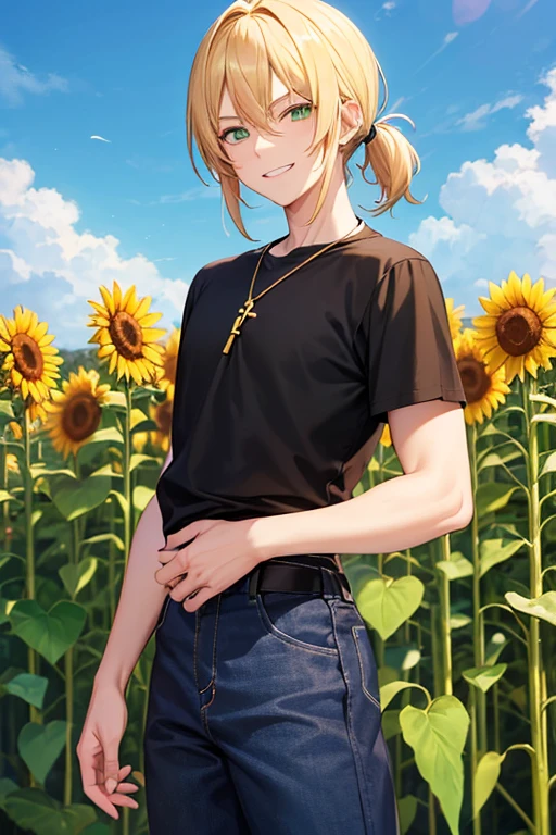 Anime boy, teeth bared smiling expression, with blonde hair tied up in short ponytail, green eyes, black T-shirt, blue jeans, gold cross necklace, standing in a tall sunflower field, holding sunflower in hands