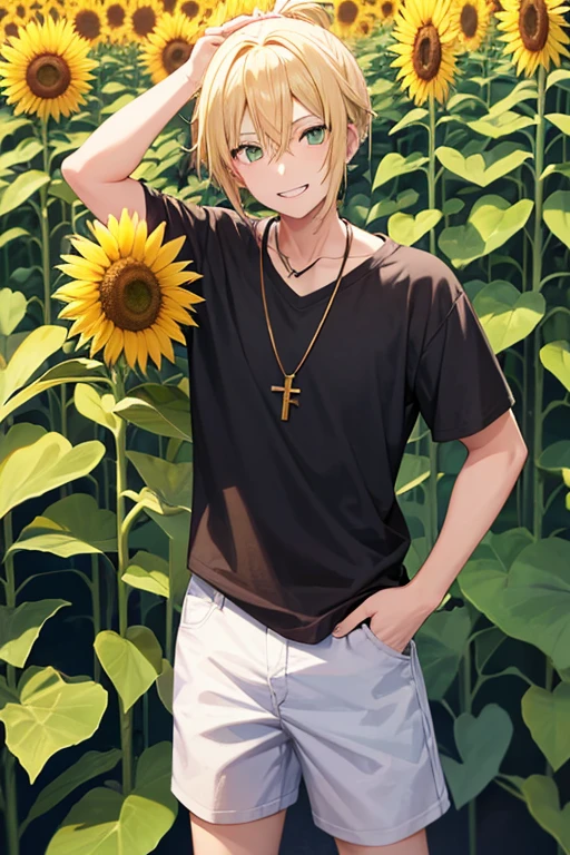 Anime boy, teeth bared smiling expression, with blonde hair tied up in short ponytail, green eyes, black T-shirt, blue jeans, gold cross necklace, standing in a tall sunflower field, holding sunflower in hands