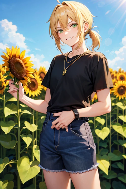 Anime boy, teeth bared smiling expression, with blonde hair tied up in short ponytail, green eyes, black T-shirt, blue jeans, gold cross necklace, standing in a tall sunflower field, holding sunflower in hands