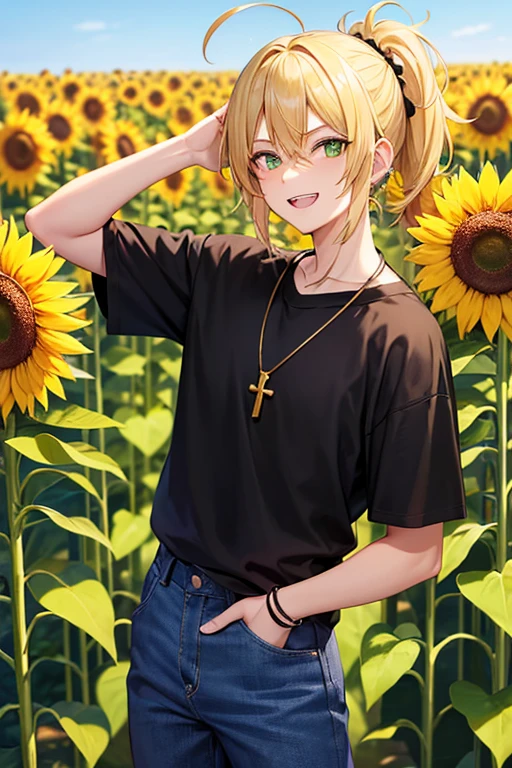 Anime boy, teeth bared smiling expression, with blonde hair tied up in short ponytail, green eyes, black T-shirt, blue jeans, gold cross necklace, standing in a tall sunflower field, holding sunflower in hands