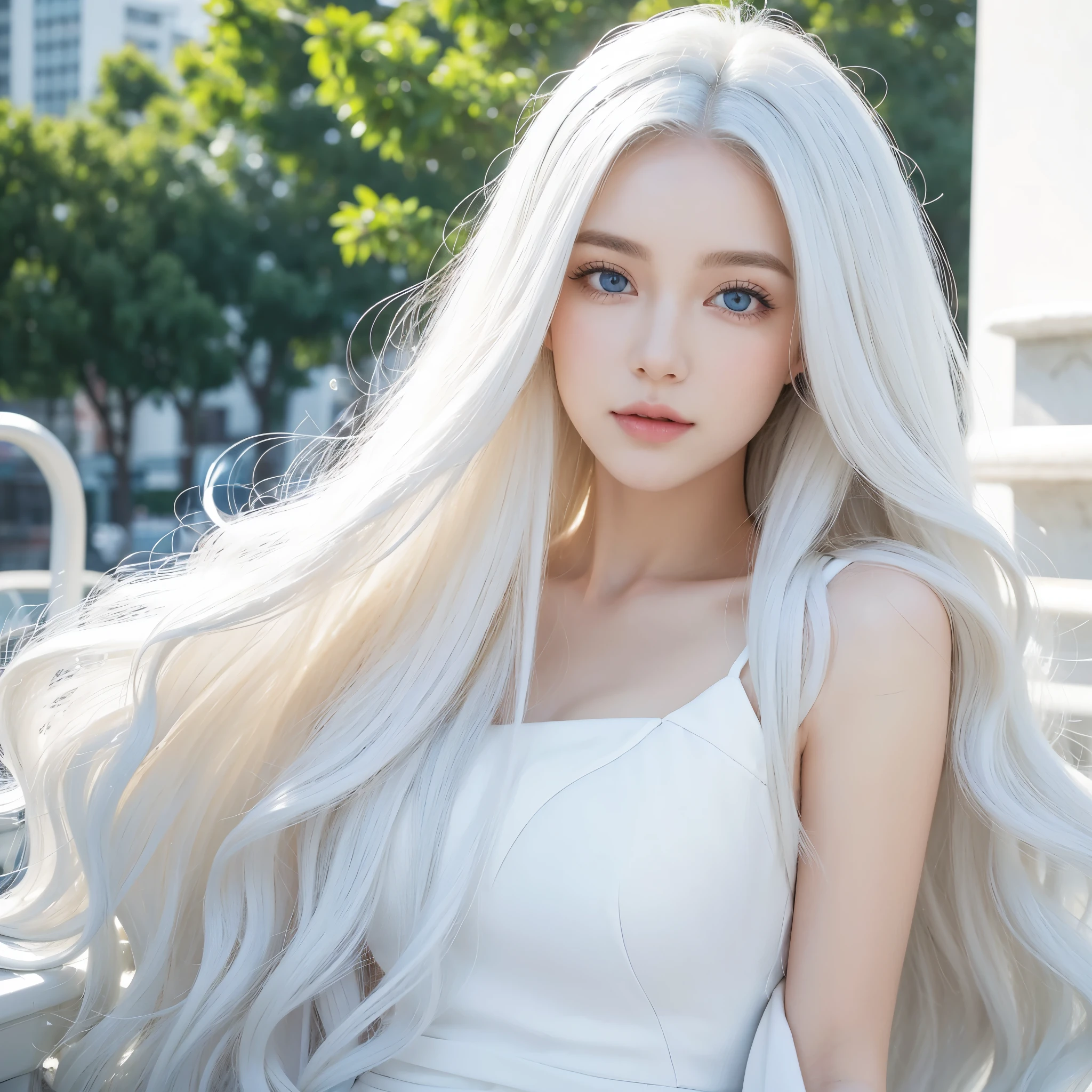 1 woman, White long curly hair,Natural and beautiful hair,The background is simple, clean and beautiful. White hair. Close lips. City. Elegante. Ropa elegante. Blue natural eyes. Drink.