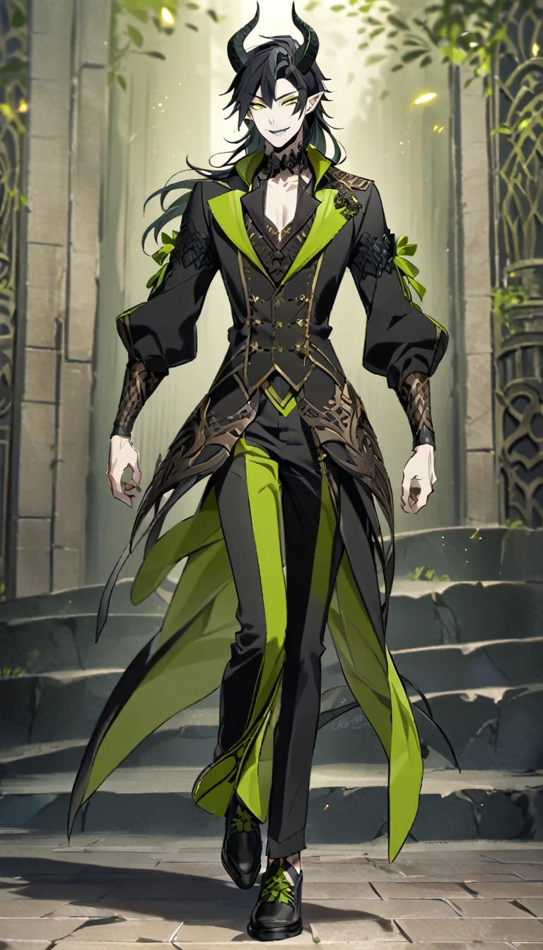 masterpiece, best quality, full body shot, (1nd boy, malleus draconia \(twisted wonderland\) horns, bishounen, boy, male, yana Toboso style, long hair, black hair, yellow green eyes, smile, gray lips, handsome, skinny, tall, yellow green glow, anime style), Walking slowly,