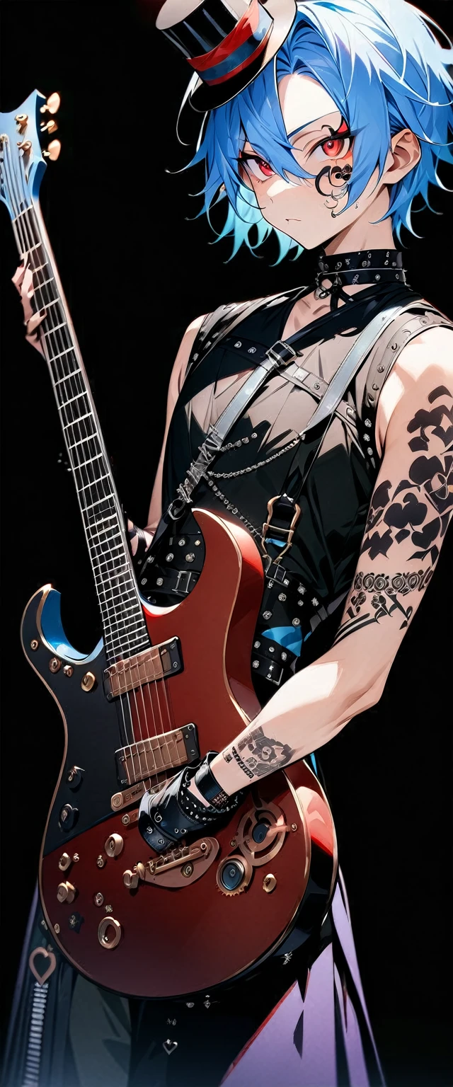 (((masterpiece,Highest quality))),((A male anime character with short blue hair, red eyes, and a tattooed upper arm wearing a visual kei outfit, holding a guitar)),((Steampunk-style electric guitar)),((Steampunk-style electric guitarを持って立っている)),(((Small top hat,Tattoos on the right side of the face and on the arm))),(((Black Background))),Focus on the whole body,(high quality),アニメ