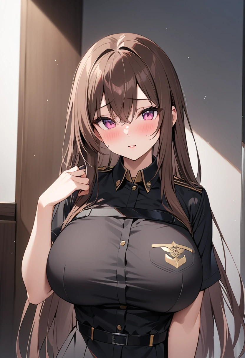 masterpiece、Highest quality、Best image quality、High resolution、Big Breasts、Brown Hair、Pink Eyes、Long Hair、Black Uniform、Unbranded uniform