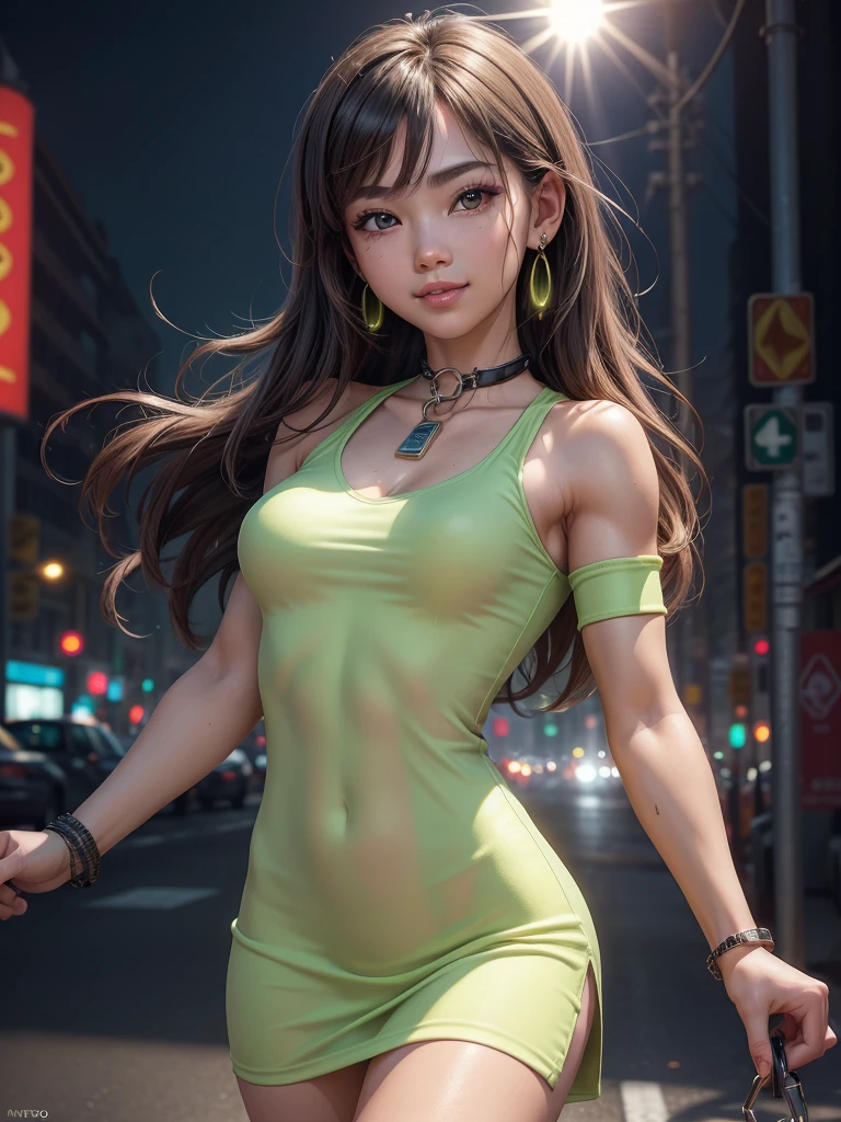8k, Masterpiece, raw photo, Best Quality, detail: 1.2), photorealistic, fondos de pantalla CG unificados de 8k extremadamente detallados, depth of field, cinematic light, Lens flare, ray tracing (extremely beautiful face, Beautiful lips, beautiful eyes), intricate detailed face, ((Ultra detailed skin)) 1 girl, korean pretty girl, kpop idol, (Very lean and lean muscular body: 1.3), (big smile), (injection sleeve), (night background in the streets), cute korean girl, earrings, bracelet, neck, light eyes, walk, (pale skin), Face forward , (large eyes), ((Upper body shots)), Came back, rear shot, (Neon green tight mini dress with holes in front held with chains)