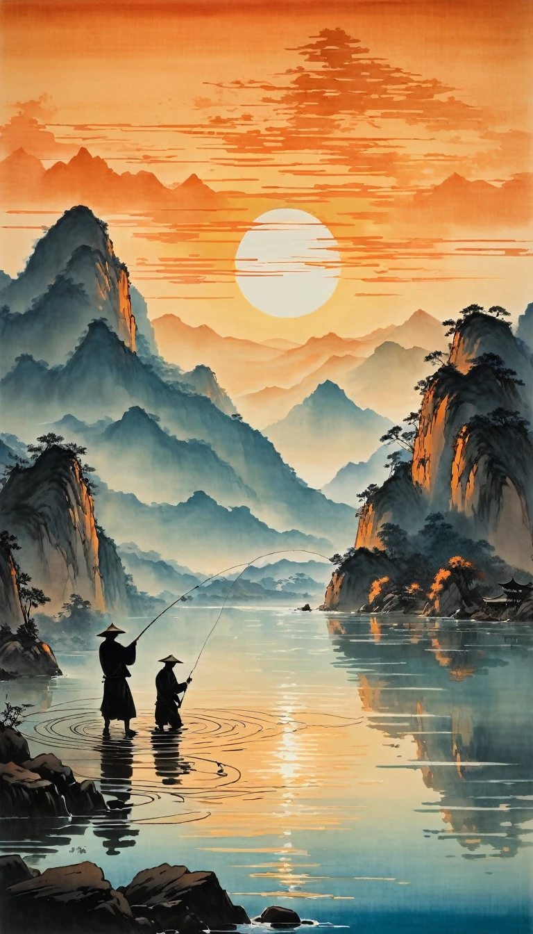 Sunset,Silhouette of fisherman throwing fishing line into water, Mountains in the background,The calm water reflects orange hues. This scene is depicted in the style of the Chinese painter Zhang Daqian.