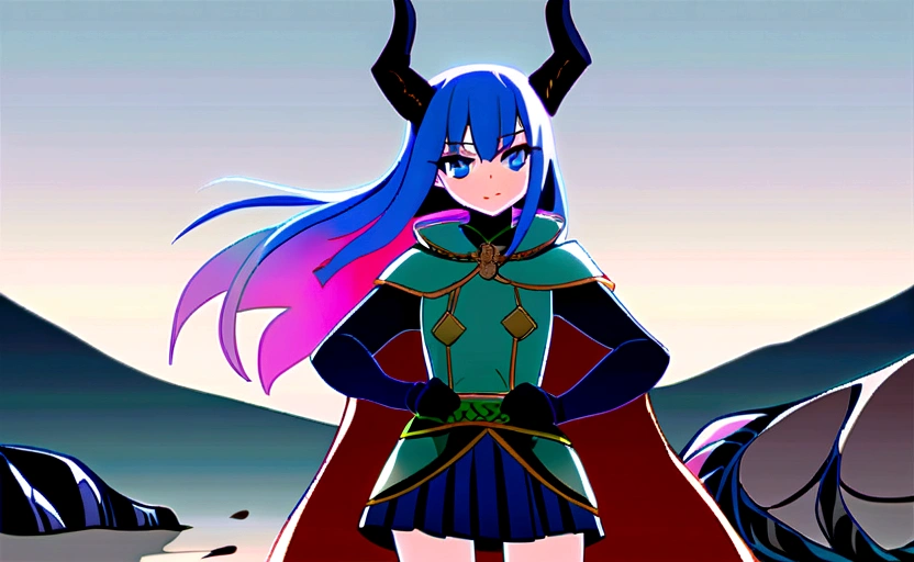 hornのある青いマントでポーズをとる青いLong Hairの女の子, One Girl, Multicolored Hair, Blue Hair, horn, Cape, alone, Long Hair, 口mask, mask, chest, Pink Hair, 青いCape, skirt,  username, Put your hands on your hips, 巻きhorn, View your viewers