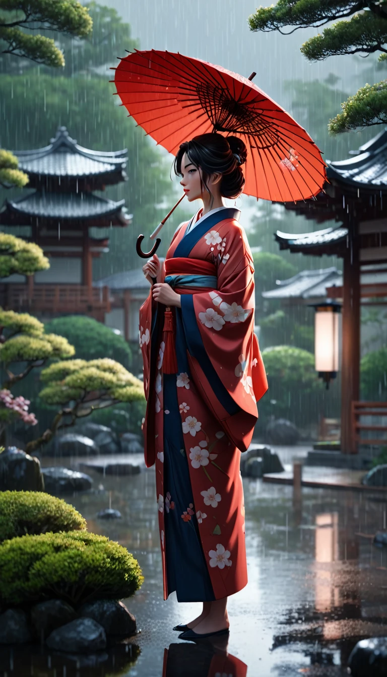 score_9, score_8_up, score_7_up, source_anime, detailed, 8k, cinematic angle, rating safe, wide shot, A woman in kimono holding an umbrella stands in a Japanese garden in the rain. 