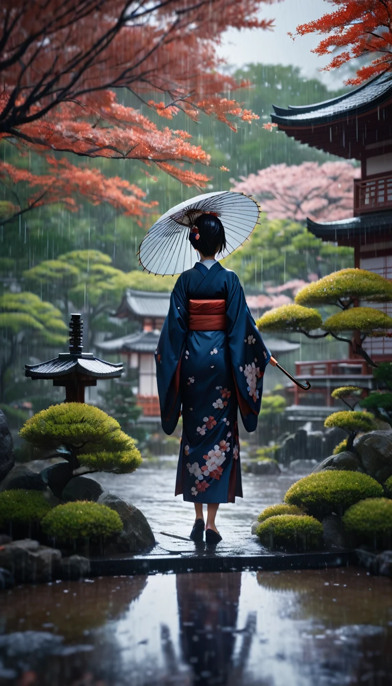 score_9, score_8_up, score_7_up, source_anime, detailed, 8k, cinematic angle, rating safe, wide shot, A woman in kimono holding an umbrella stands in a Japanese garden in the rain. 