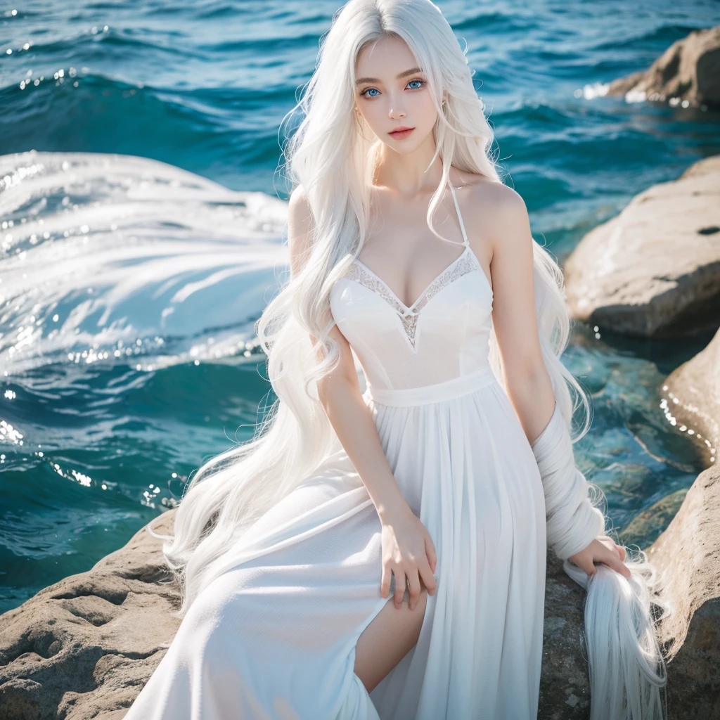1 woman, White long curly hair,Natural and beautiful hair,The background is simple, clean and beautiful. White hair. Close lips. Water magic. Elegante. Ropa elegante. Blue natural eyes. Drink.