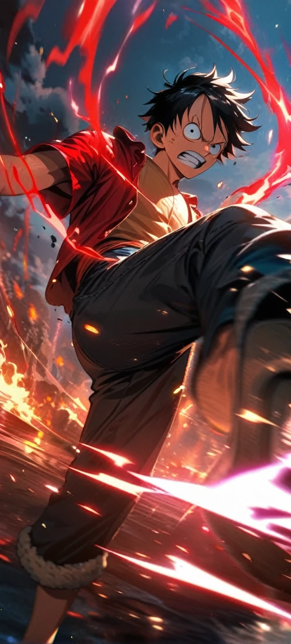High quality, ,absurdres, highres, ultra detailed, HDR, masterpiece, extremely detailed face and eyes, Luffy , One Piece,, Black hair ,, solo, ,man, handsome, ,, Epic fight scene, red splashing effect,red lightning effect,glowing glitters ,