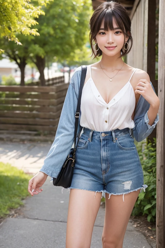 Woman travelling with no money, wearing dirty and tattered clothes and carrying a backpack, rural town in western USA, rental house, senior year in college, ((full body)), ((photo)), ((best qualtiy, 8K, tmasterpiece:1.3)), Focus:1.2, perfect figure beautiful girl:1.4, 1girl, cowboy shot, look at viewer, incredibly absurd, beautiful and cute girl with a photorealistic face, showcasing top-quality craftsmanship, A Japanese woman walking around town as a backpacker, 20 years old, very short brown hair, short bangs, longer hair on the sides, soft hair with a beautiful flow, clear facial features, large light brown eyes, double eyelids, long eyelashes, small nose, plump pink lips, white teeth, impressive smile, gentle eyes, fair and smooth skin, tall, glamorous, slender, 163cm tall, large G-cup breasts, simple and casual style, fashion that emphasizes her chest, earrings, necklace, favorite camera, cheerful and energetic older sister, beautiful girl, pretty, leader, curious, proactive, positive, sticks to her beliefs, sociable, honest, good at encouraging others, polite, walks with a spring in her step, September