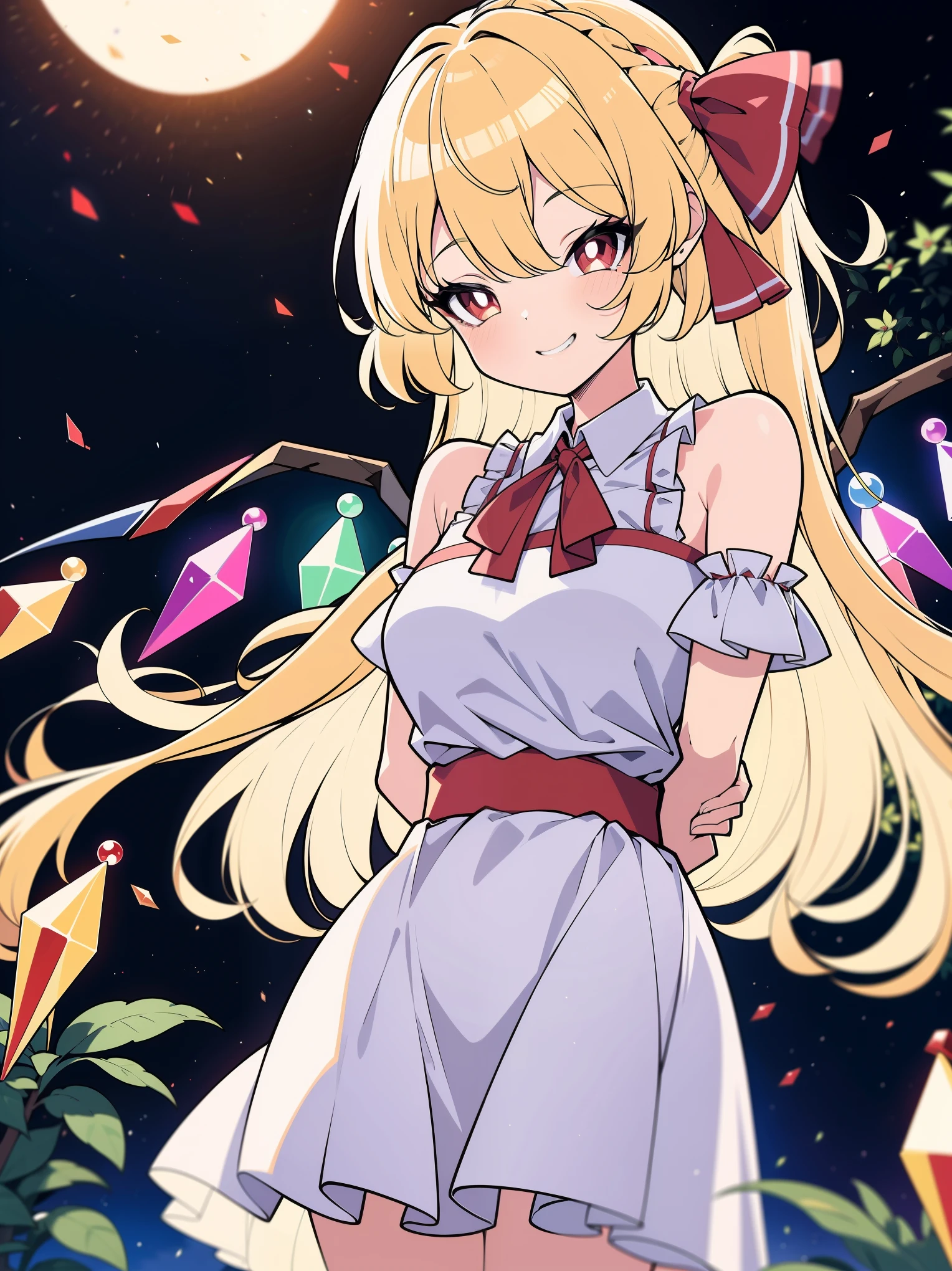  (ultra-high resolution, depth of field:1.2), (Flandre scarlet:1.1), (1woman), (adult), in her 20s, Touhou project, (medium breasts), (red eyes), (blonde hair), long straight hair, (french braid:1.2), red ribbon, (intricate sundress), (white sundress:1.4), off shoulder, frills, garden scenery, grinning, (squinting), night, arms behind back