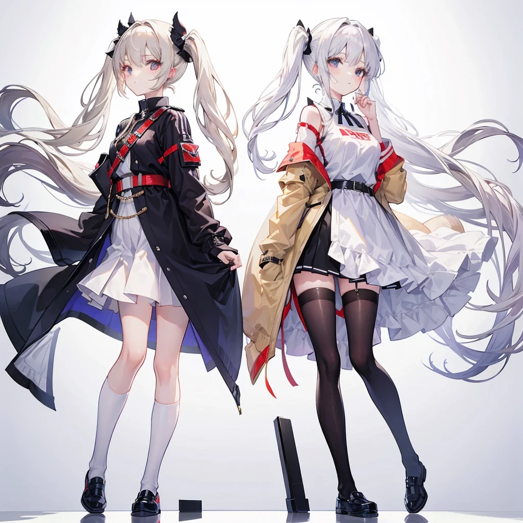 Full body, standing back to back, two girls around 20 years old, beige hair, white hair, twin tails, long hair, white background