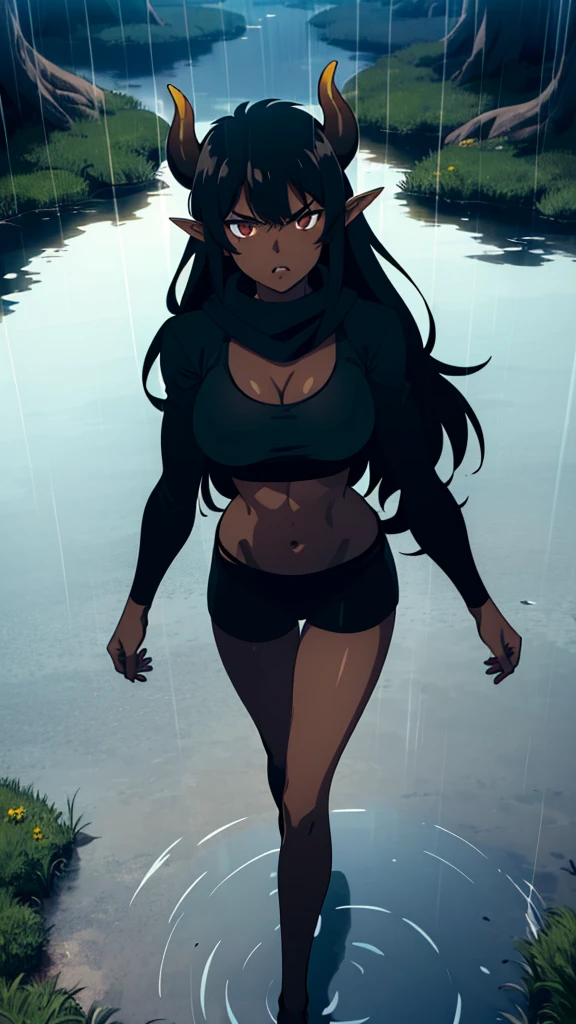 ((1girl,solo,mature female,tall)),big breasts,long hair, black hair,angry expression,horns,elf ears,black scarf,cleavage,(((dark skin))),((black sports bra, midriff)),(((black pantyhoses))),(walking,night),from above,water,grass,rain,lake,reflection