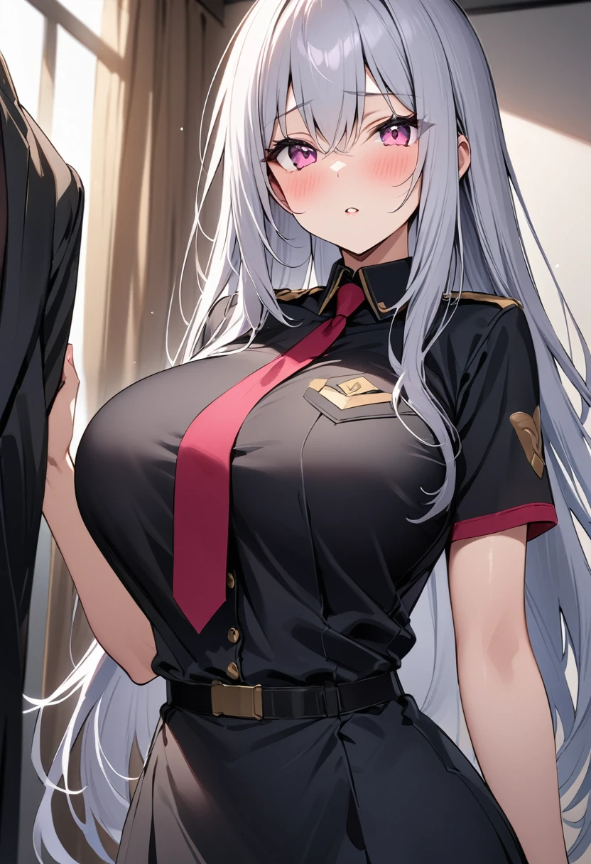 masterpiece、Highest quality、Best image quality、High resolution、Big Breasts、Silver Hair、Pink Eyes、Long Hair、Black Uniform、Unbranded uniform
