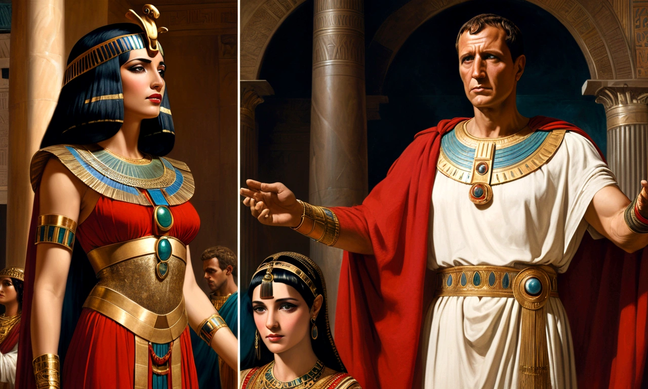Renaissance painting of Cleopatra and Julius Caesar, side by side, Cleopatra is powerless and does not bow down to any man, Julio Caesar looks like a bearded man, wearing his red cape, Cleopatra exudes beauty with her iconic clothes and jewelry.