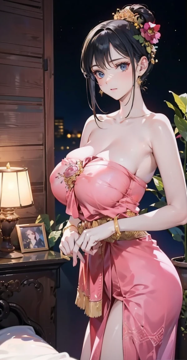 Group of 5 princesses,(5 young women,many young women), (in the bedroom), Various hair styles, harem, Wear a strapless Thai dress...,(very good,no panties) at night, detailed face,Complete breasts,fully, ((big breasts,Breast curtain,Partially naked)) short skirt, mule, Sleeveless , Show your armpits, at night, starry at night,(large areolae:1.4,pink,The nipples are clearly visible.....),((Various positions),(Look at the viewer.:1.5),milf, Highest quality、Highest picture quality、Masterpiece