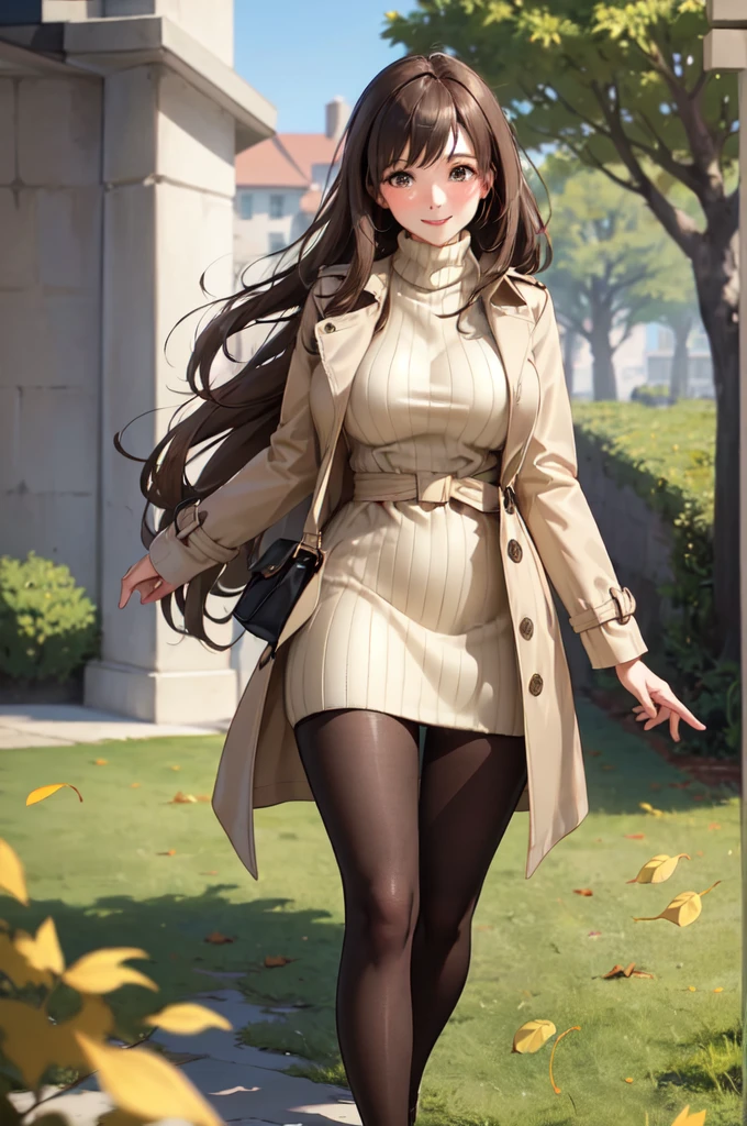1lady solo, mature female, /(brown hair/) bangs, blush kind smile,  /(trench coat ribbed sweater pantyhose/), (masterpiece best quality:1.2) ultra-detailed, large breasts, park fallen leaves
