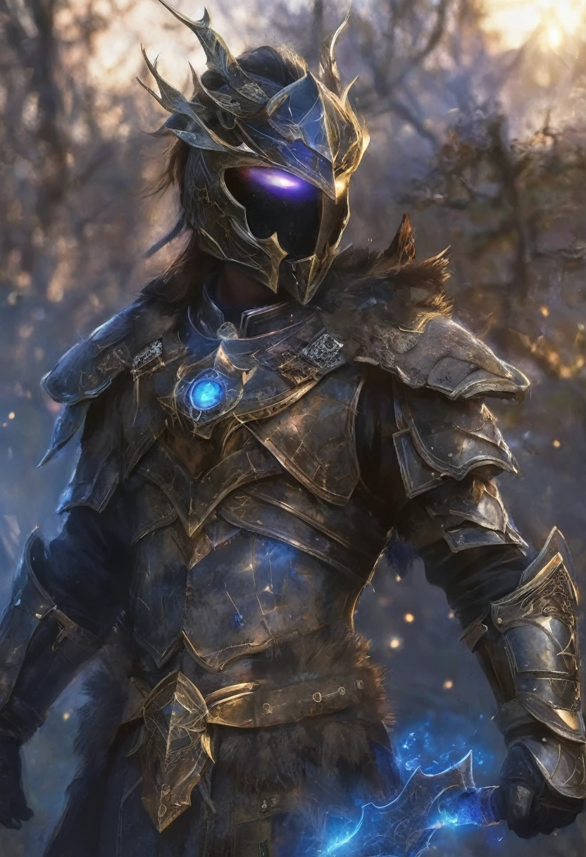 A ghostly female silhouette. Messenger of the God Nature. Exiled shaman. Full face mask. lightweight armour. cracked armor. Canvas hood. Runic Circle. elements. Power from within. glare eyes. Bokeh Blur. ral-dissolve.Photorealistic BadDream,