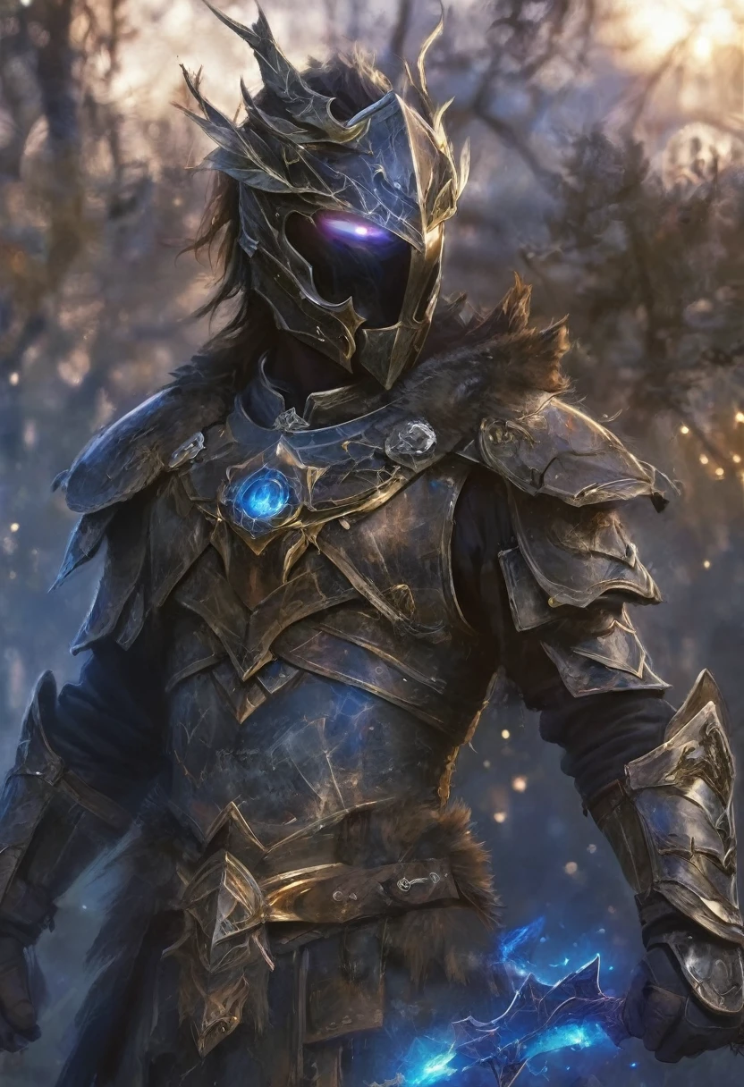 A ghostly female silhouette. Messenger of the God Nature. Exiled shaman. Full face mask. lightweight armour. cracked armor. Canvas hood. Runic Circle. elements. Power from within. glare eyes. Bokeh Blur. ral-dissolve.Photorealistic BadDream,