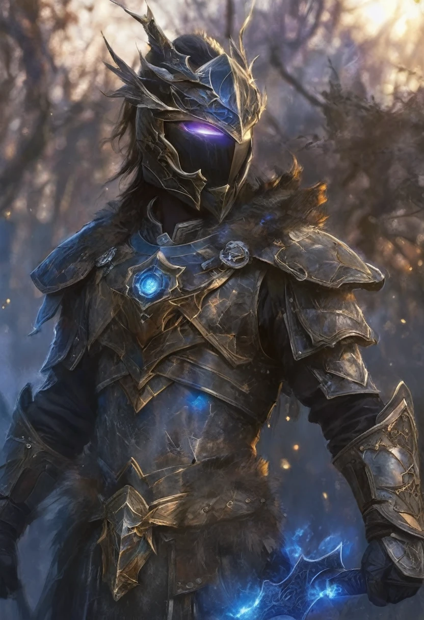 A ghostly female silhouette. Messenger of the God Nature. Exiled shaman. Full face mask. lightweight armour. cracked armor. Canvas hood. Runic Circle. elements. Power from within. glare eyes. Bokeh Blur. ral-dissolve.Photorealistic BadDream,