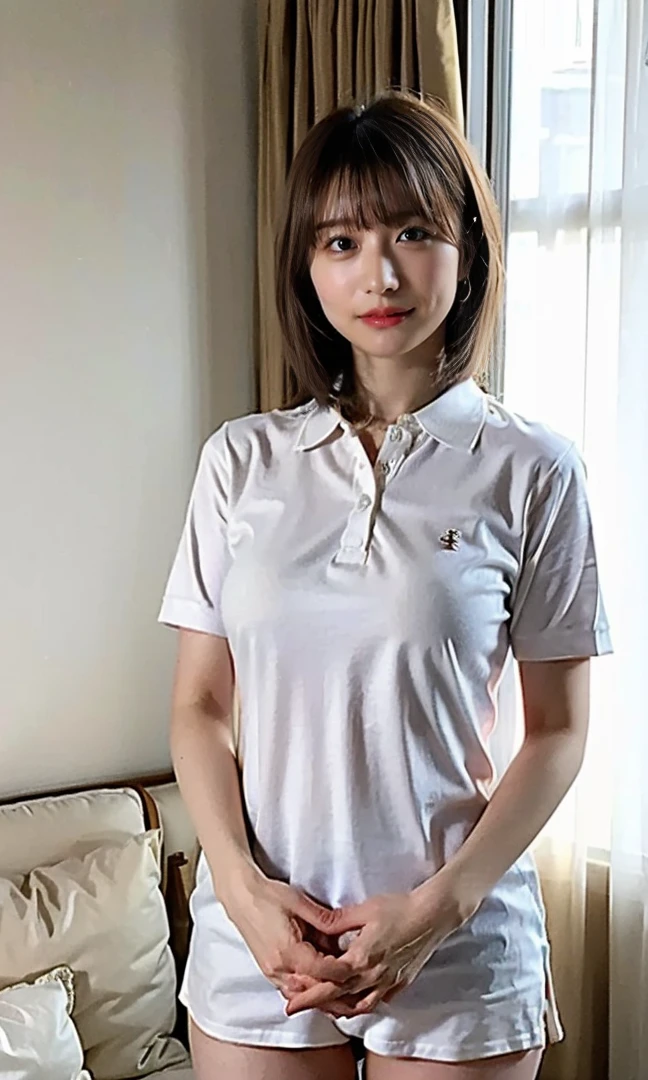 .(((In the bedroom、Luxurious panties、Seductive waist、Medium Short Hair、Shoulder-length hair:1.4))).((A classy white shirt with a collar、Standing photo、Medium Hair、服の上からでもわかるBig Breasts、Both hands are in front of the belly button、A photo of panties visible through a short polo shirt、Roll up your shirt with your hands、She is wearing a white polo shirt and luxurious white panties.、:1.4))、In the living room、Cream Hair Color、Her huge breasts are obvious even through her clothes...、Small earrings、Light brown hair color、:1.4））、Shiny Hair、Light beige hair color、Background Blur、Light brown hair、｛｛Cowgirl Shot｝｝、（（Close-up shot from the waist up、Big Breasts:1.4））、Big Breasts、にっこりsmile、服からでも分かるBig Breasts、Cowboy Shot、素敵なsmile、（（Revealing clothing））、Full body photo、ring、Tuck your hair behind one ear、Silver Necklace、smile、Caustics、Highly detailed photos、Big Breasts、Super no makeup、(8K、RAW Photos、Highest quality、masterpiece:1.2)、(Realistic、Realistic)、1 Girl、((Big Breastsショートヘア、Looking into the camera:1.4))、Hair blowing in the wind
