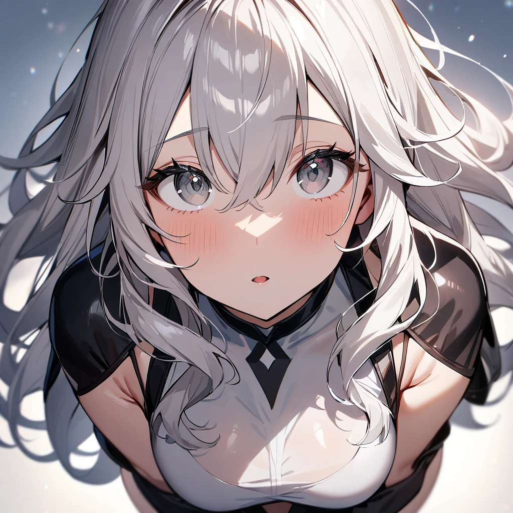 1girl,looking up,pov,From above,long hair,White hair,grey eyes,shiny hair,breasts,masterpiece, best quality, very aesthetic, absurdres,upper body,