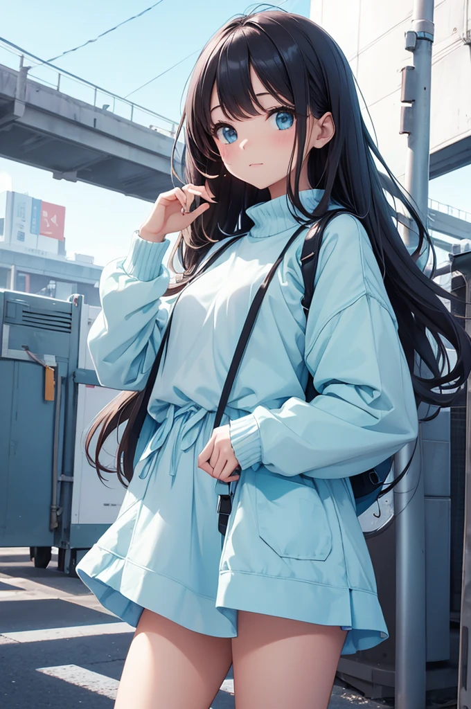 a cute girl in cute oversized light blue outfit  give cute aesthetic pose  