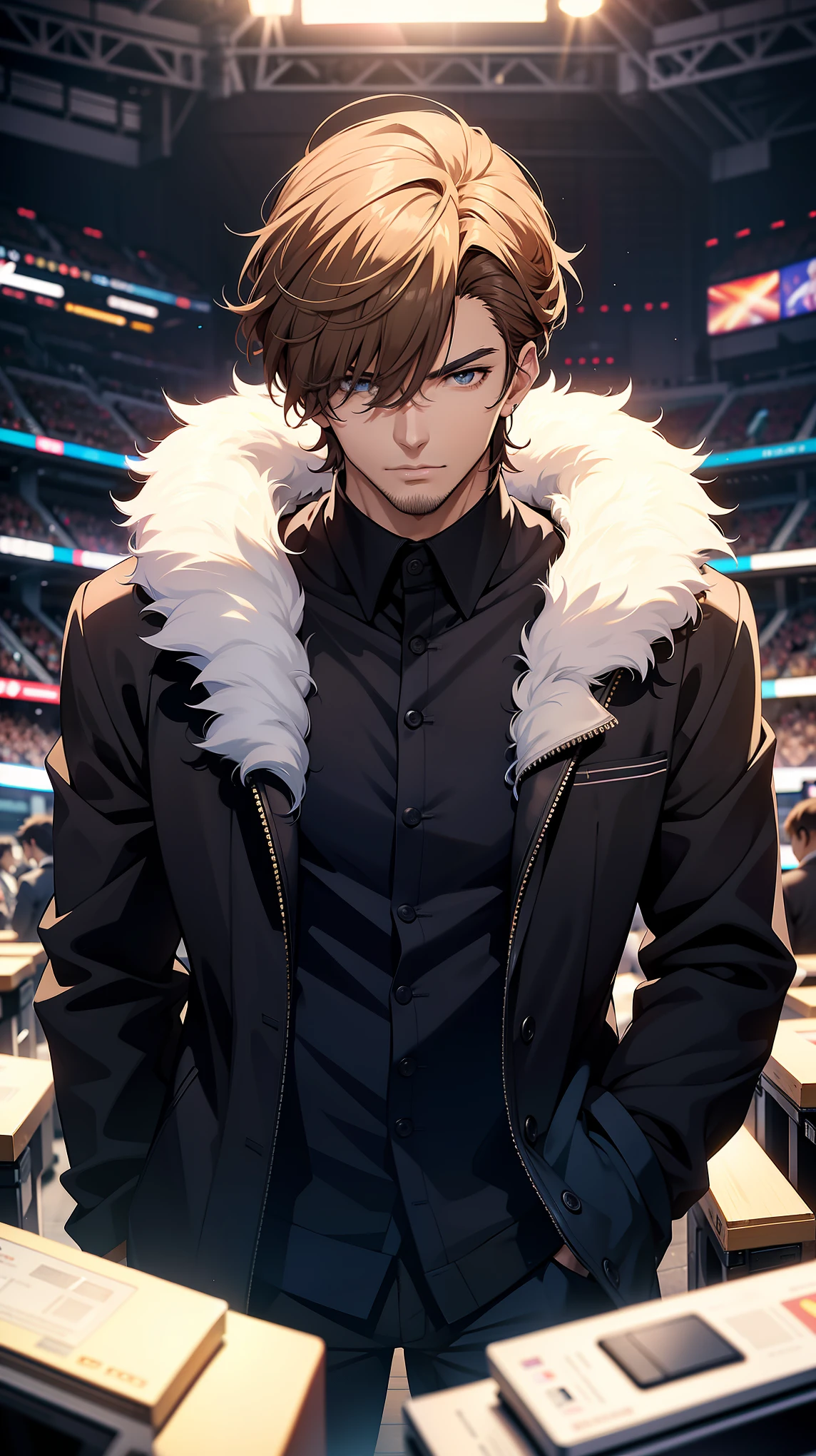 An organizer，television， He was nearby, Anime handsome man,  Looking at the audience, high resolution, Super sharp, 8K, masterpiece