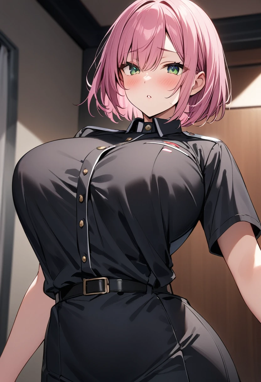 masterpiece、Highest quality、Best image quality、High resolution、、Pink Hair、Green Eyes、short hair、Black Uniform、Unbranded uniform