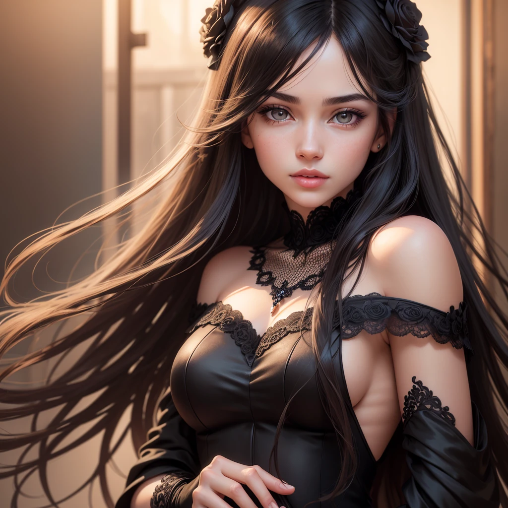 photorealistic, lip gloss, realistic, best quality, ultra high resolution, depth, pastel color, natural shading, focus on the face, just the face, looking at the viewer, long hair, black hair, brown and well-detailed eyes, black dress, gloves, anatomically correct,Many Roses