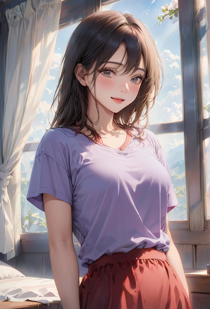 (higher resolution, clearly_image) best quality, a woman, masterpiece, Very detailed, semi-realistic, 21 years old, beautiful, young, Handsome, t-shirt, Lilac shirt, collar around neck, Internal, modern room, window, wake up, morning, blush, smiling