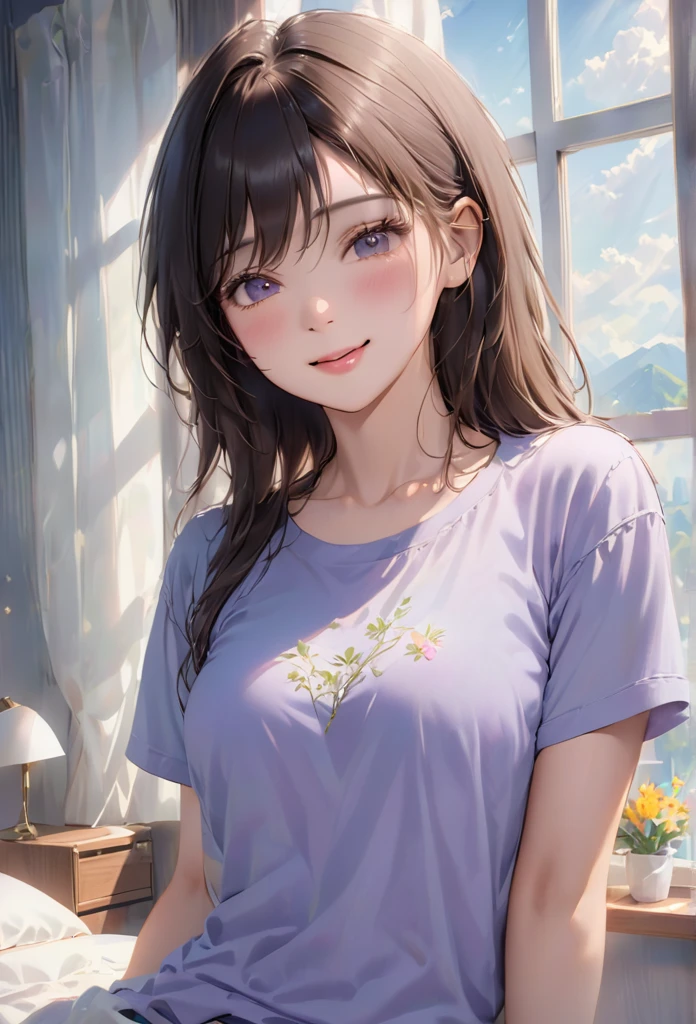 (higher resolution, clearly_image) best quality, a woman, masterpiece, Very detailed, semi-realistic, 21 years old, beautiful, young, Handsome, t-shirt, Lilac shirt, collar around neck, Internal, modern room, window, wake up, morning, blush, smiling