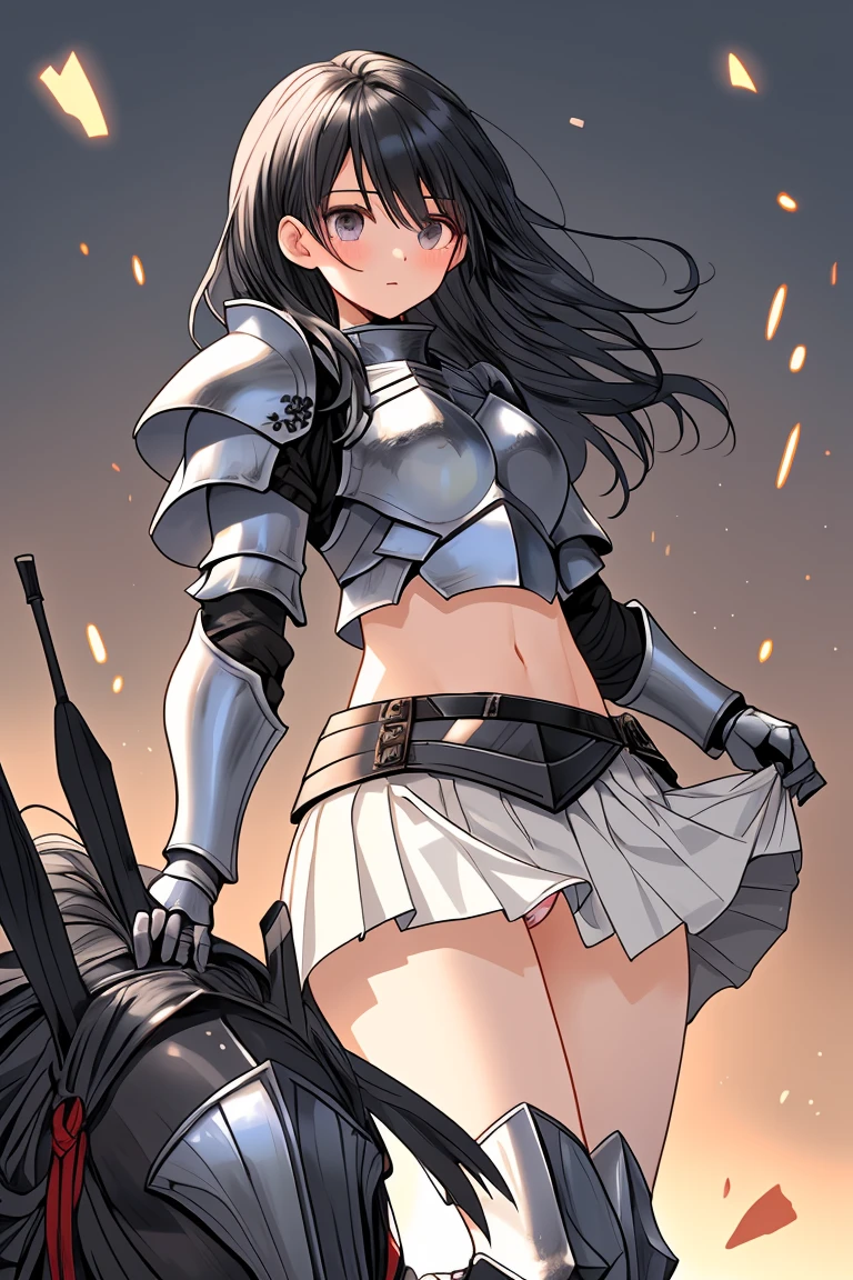 female knight Black Hair armor Torn white skirt No underwear battlefield
