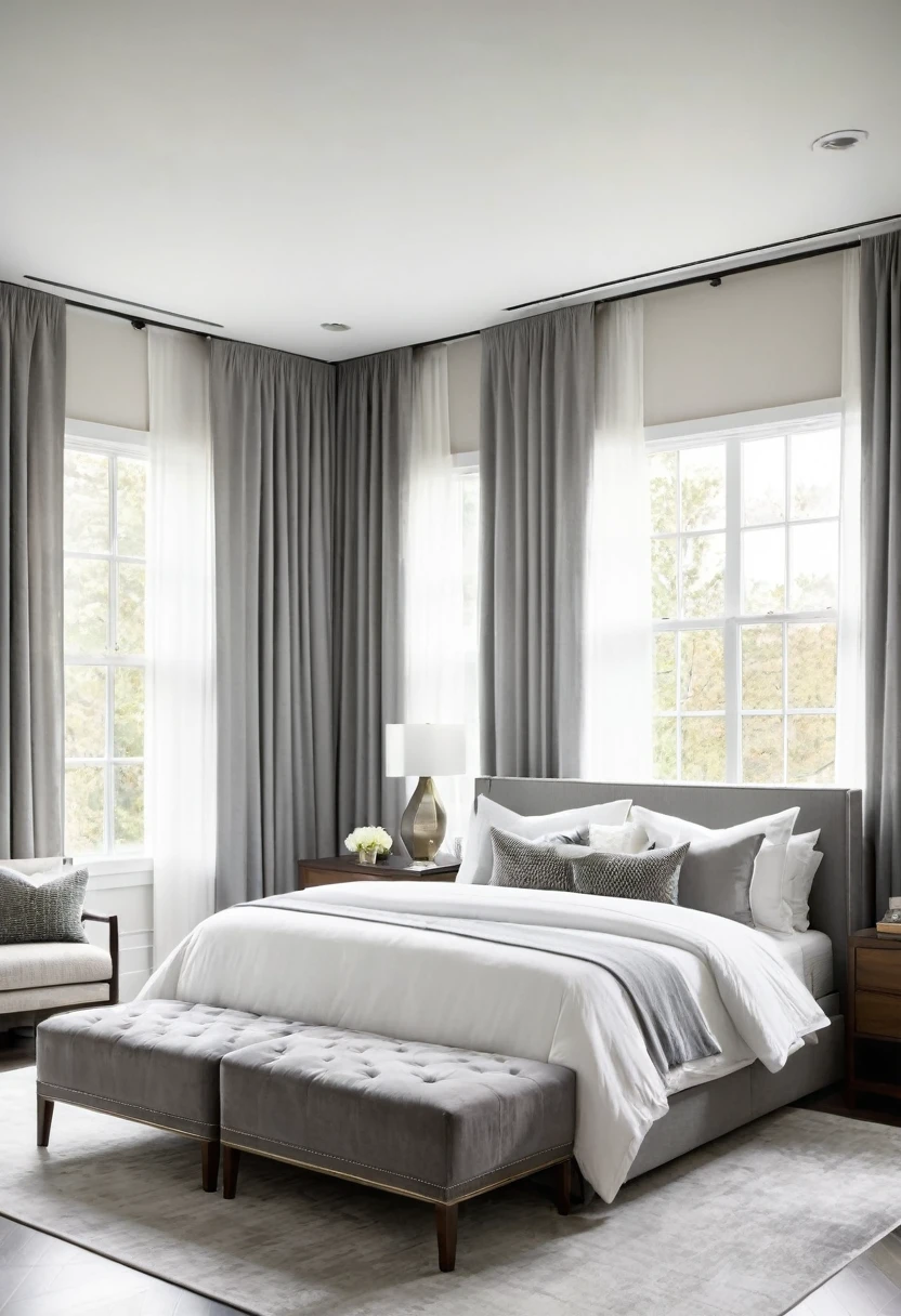 A modern bedroom designed for both relaxation and sophistication. The focal point is a large, plush bed with crisp white linens, accented by a soft grey throw and a collection of pillows in various textures and tones. The room is bathed in soft, natural light streaming through large windows draped in elegant grey curtains, creating a sense of calm and serenity. A sleek, modern TV is mounted on the wall, offering entertainment options for those moments of downtime