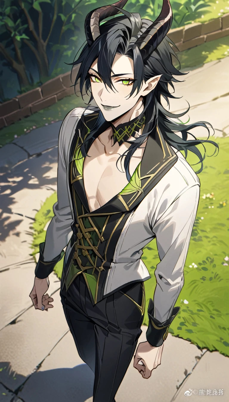 masterpiece, best quality,  full body shot, shoot from above,(1nd boy, malleus draconia \(twisted wonderland\) horns, bishounen, boy, male, yana Toboso style, long hair, black hair, yellow green eyes, smile, gray lips, handsome, skinny, tall, yellow green glow, anime style), Walking slowly,