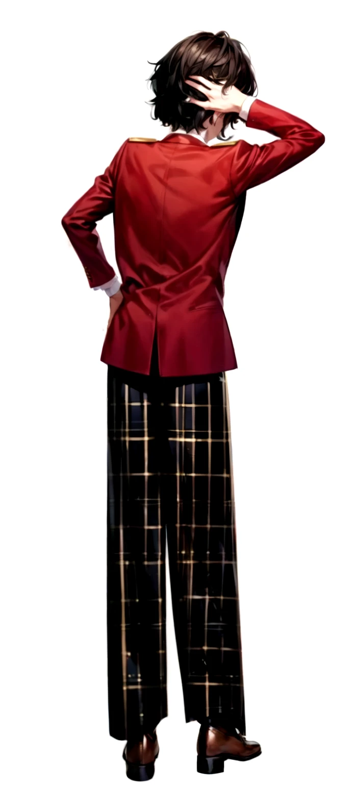 masterpiece, Highest quality, High resolution,(A young man apologizing with his hand on the back of his head) , Black Hair, blazer, Gold Button,Red ugly jacket, Long sleeve, Checked trousers, ,Brown shoes,